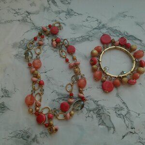 Gold Tone Rust, Peach, Beaded Fashion Necklace & Bracelet (351)